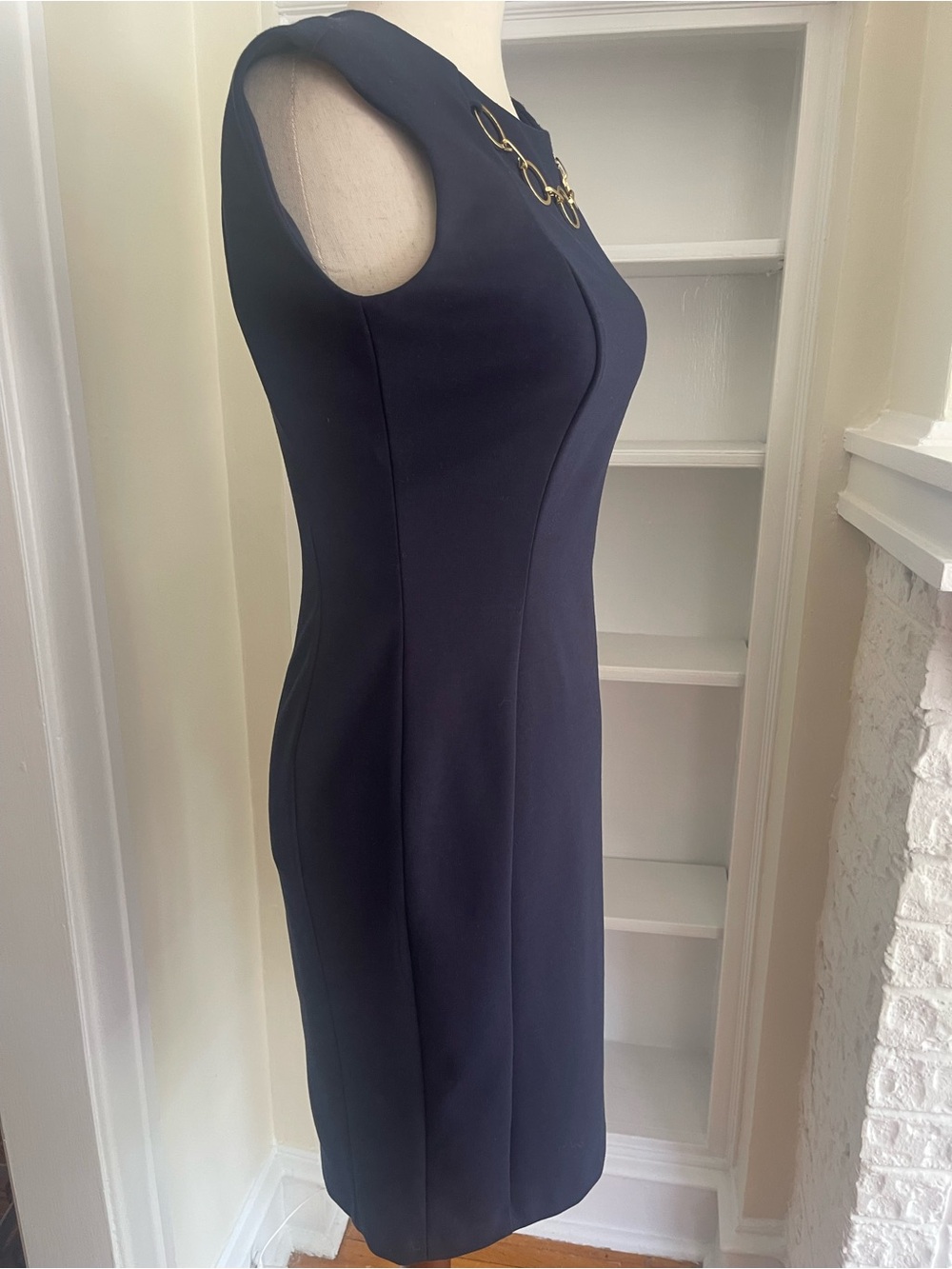 Calvin Klein Navy Midi Sheath Dress with Gold Ring Detail- NEW WITHOUT TAGS - Picture 3 of 7